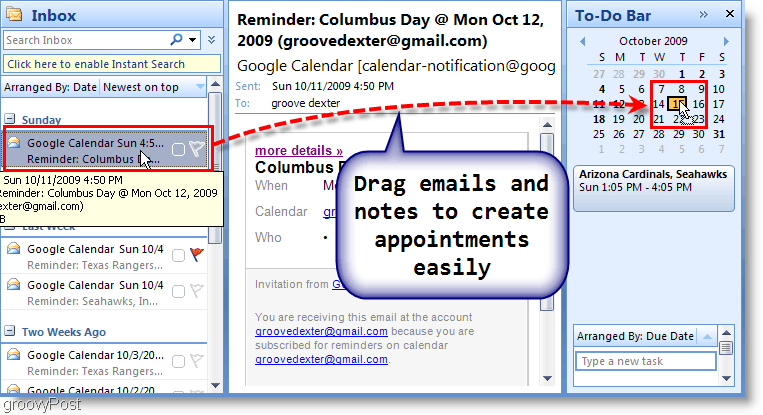 Gjøremålslinjen for Outlook 2007 - Dra e-post til kalenderen