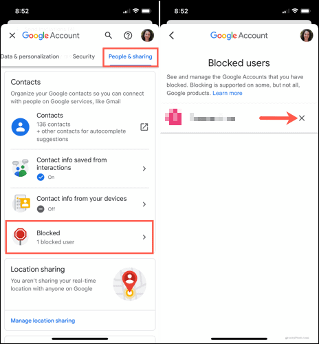 Opphev blokkering av en bruker i Google Disk på mobil