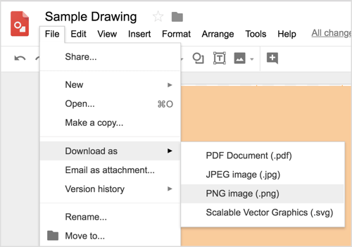 Velg Fil> Last ned som> PNG-bilde (.png) for å laste ned Google Drawings-design.