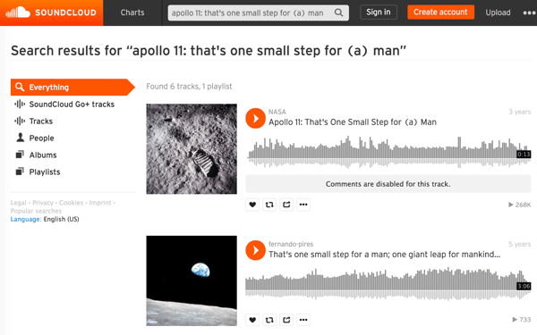 Søk i NASAs mediefiler på SoundCloud for å finne og laste ned lyden til ikoniske historiske øyeblikk som den første turen på månen.