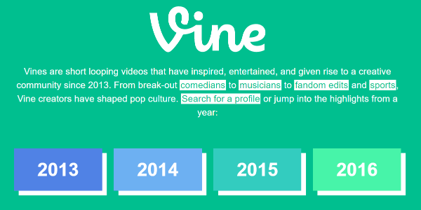 Twitter rullet stille ut et Vine Archive fra 2013 til 2016 på Vine-siden.