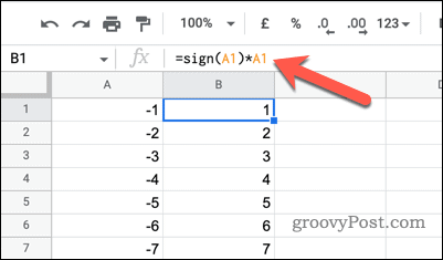 Bruke SIGN og multiplikasjon for å endre negative tall til positive i Google Sheets