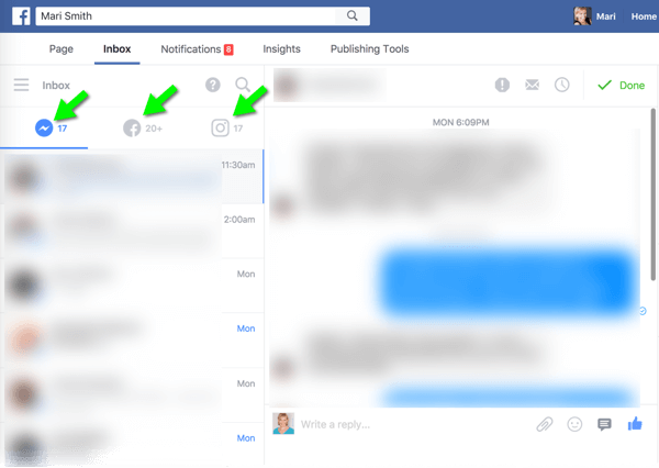 Den nye enhetlige innboksen Messenger, Facebook og Instagram på skrivebordet gjør det mye enklere å administrere publikumsmeldinger.