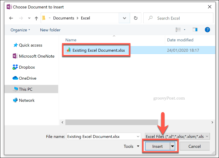 Velge et eksisterende Excel-dokument som skal settes inn i OneNote