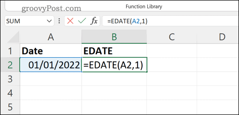 Skrive inn en EDATE-formel i formellinjen i Excel