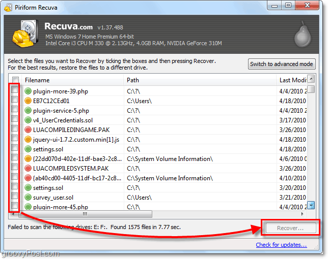 gjenopprette filer fra sletting ved å bruke recuva, velg så mange filer du vil