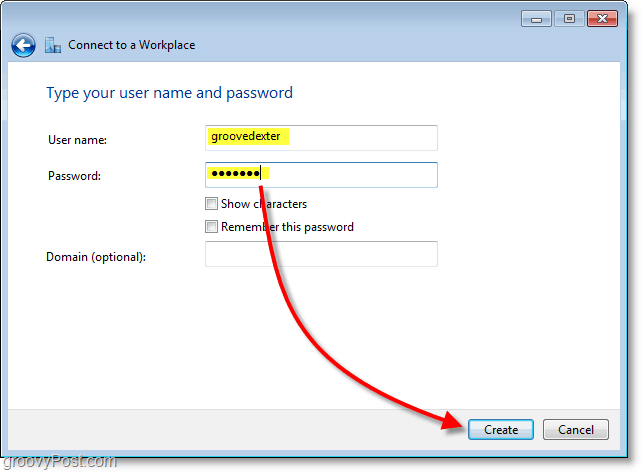 skriv inn brukernavnet og passordet ditt og opprett deretter tilkoblingen i windows 7