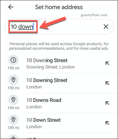 Søker etter en hjemmeadresse i Google Maps mobil