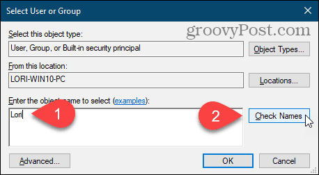 Klikk på Kontroller navn for å oppgi brukernavn i dialogboksen Velg bruker eller gruppe i Windows-registeret