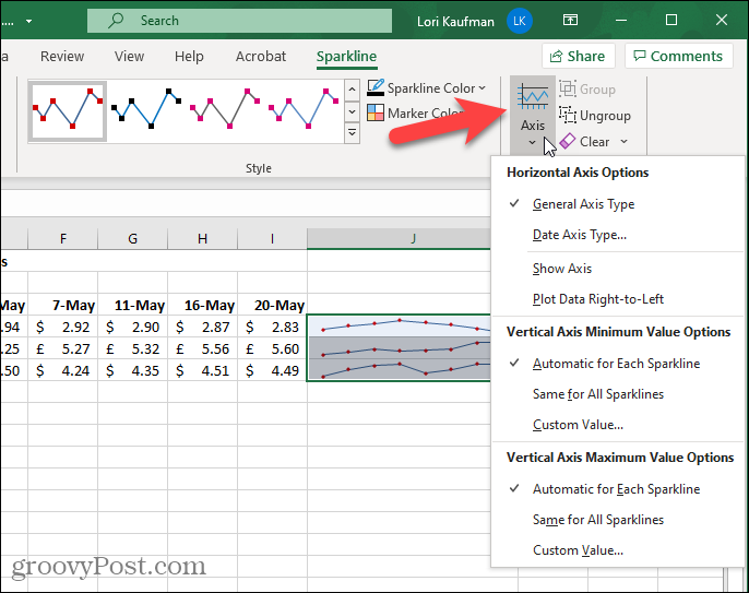 Akseknapp i Sparkline-fanen i Excel