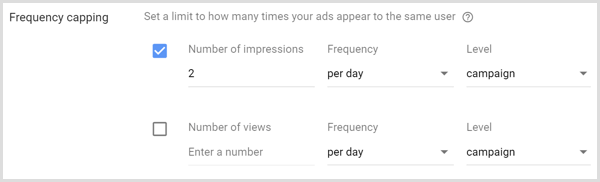 Innstillinger for frekvensbegrensning for for Google AdWords-kampanjen.