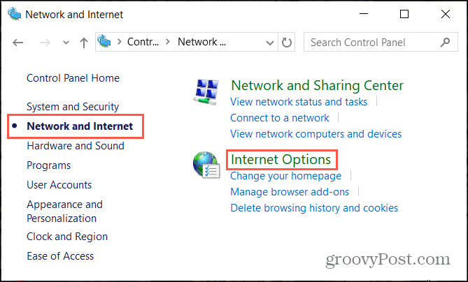 Alternativer for Internett-nettverk i Windows Kontrollpanel