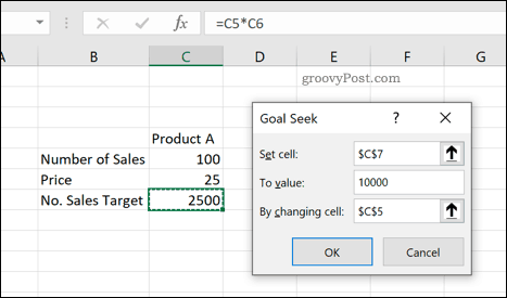 Verktøyet Excel Målsøk