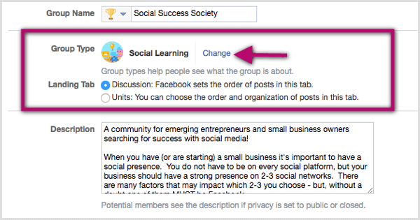 Klikk på Endre-lenken ved siden av den eksisterende gruppetypeklassifiseringen, og velg Sosial læring.