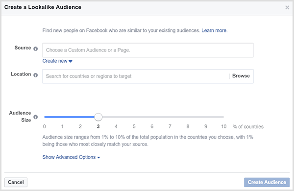 Dialogboksen Facebook Create a Lookalike Audience har en glidebryter for målgruppestørrelse.