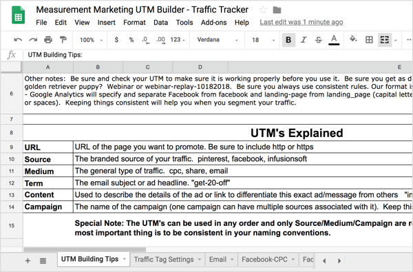 På den første fanen, UTM Building Tips, finner du et sammendrag av UTM-informasjonen som ble diskutert tidligere.