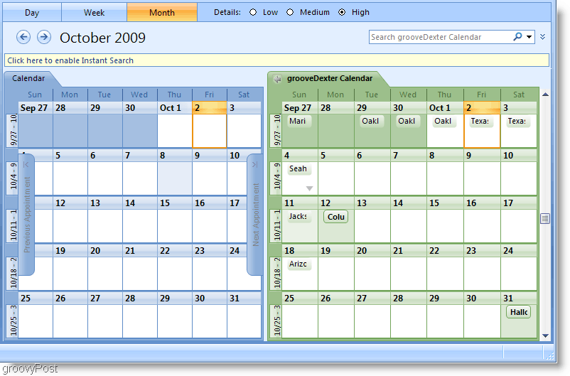 Outlook 2007 side om side-skjermbilde for kalender