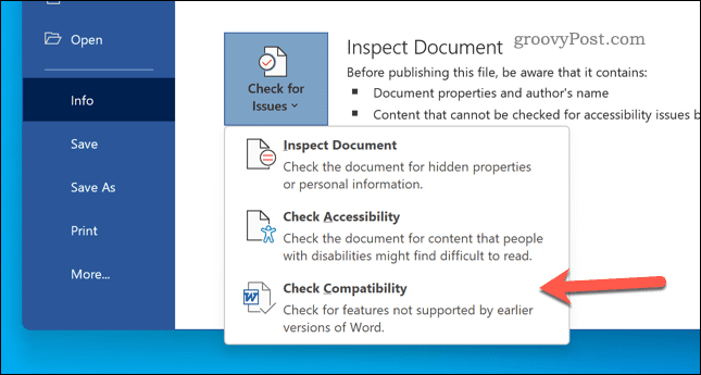 Sjekk dokumentkompatibilitet i Word
