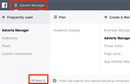 Naviger til Pixels-dashbordet i Facebook Ads Manager.