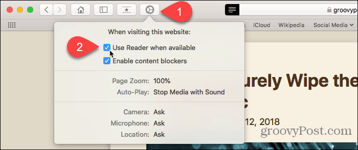 Bruk nettstedinnstillinger-knappen i Safari for Mac