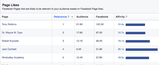 Facebooks Audience Insights gir en liste over sider publikum kan like, basert på deres interesser. 