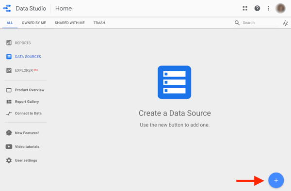 Bruk Google Data Studio til å analysere Facebook-annonsene dine, trinn 1, alternativ for å opprette en datakilde i Google Data Studio