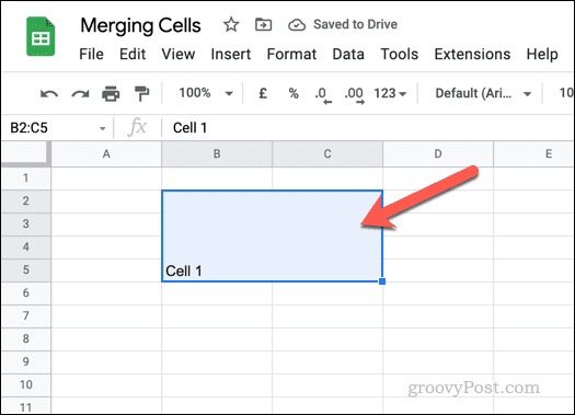 Eksempel på sammenslåtte celler i Google Sheets