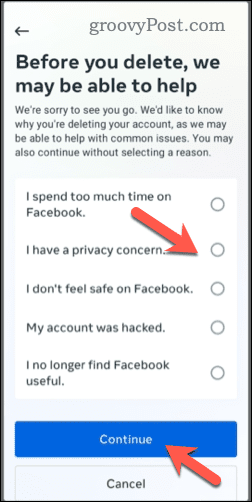 Velger å slette en Facebook-konto på mobil