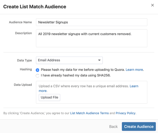 trinn 3 i hvordan du oppretter Quora-listen match publikum