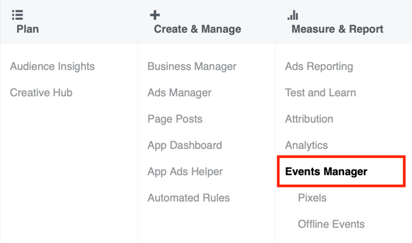 Mulighet for å velge Events Manager i Facebook Ads Manager.