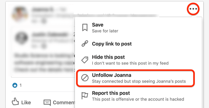 skjermbilde av... rullegardinmeny for et LinkedIn-innlegg med alternativet Følg ikke sirklet i rødt