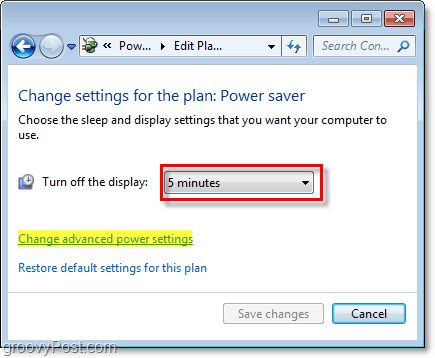 rediger grunnleggende innstillinger for strømsparing i Windows 7, og klikk på den avanserte lenken for å redigere avanserte