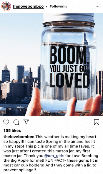 instagram innlegg av @thelovebombco som viser brukergenerert innhold av deres produkt omtalt i New York City
