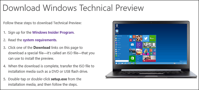 Last ned Windows 10 teknisk forhåndsvisning