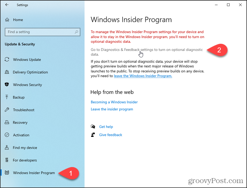 Gå til Windows 10-innstillinger for diagnostikk og tilbakemelding