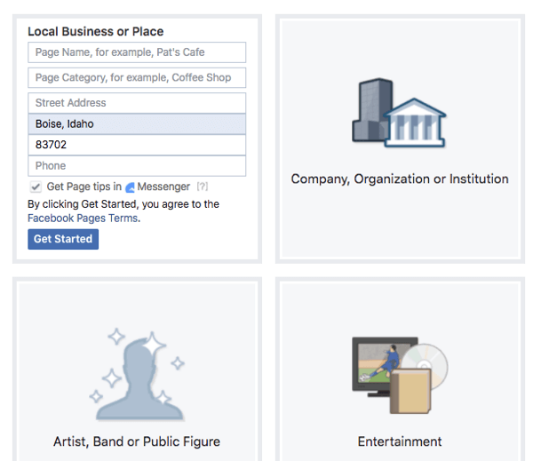 Tenk på funksjonene hver type og kategori tilbyr for Facebook-siden din.