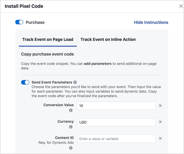 Angi parametere for å generere Facebook-hendelseskoden du trenger.