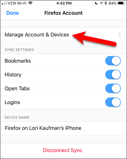 Trykk på Administrer konto og enheter i Firefox for iOS