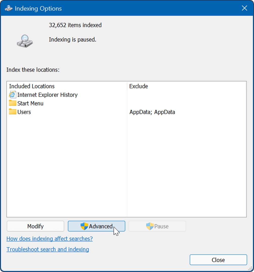 Avanserte indekseringsalternativer skjuler filer og mapper fra søk på Windows 11