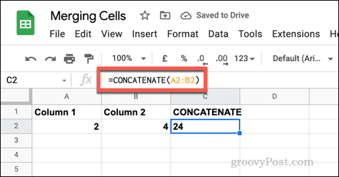 Et eksempel på en enkel CONCATENATE-formel i Google Sheets