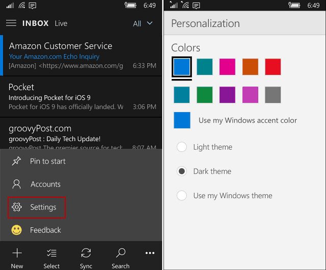 Outlook Mail og Kalender-app på Windows 10 Mobile Gains Dark Theme