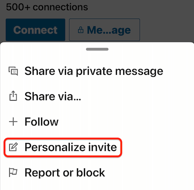 linkedin mobilprofil mer... menyen med alternativet "personaliser invitasjon" uthevet