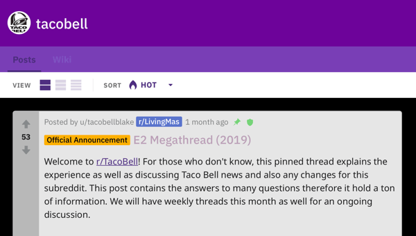 Hvordan markedsføre virksomheten din på Reddit, vellykket markedsføringseksempel festet innlegg på r / TacoBell som diskuterer fellesskapsretningslinjer