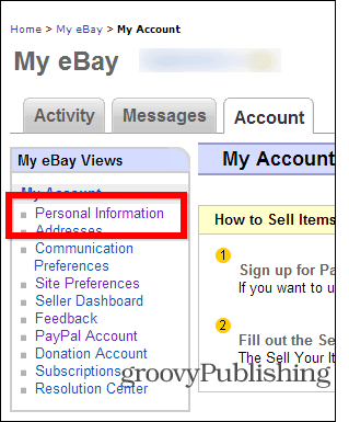 eBay endre passord kontoinnstillinger personlig info