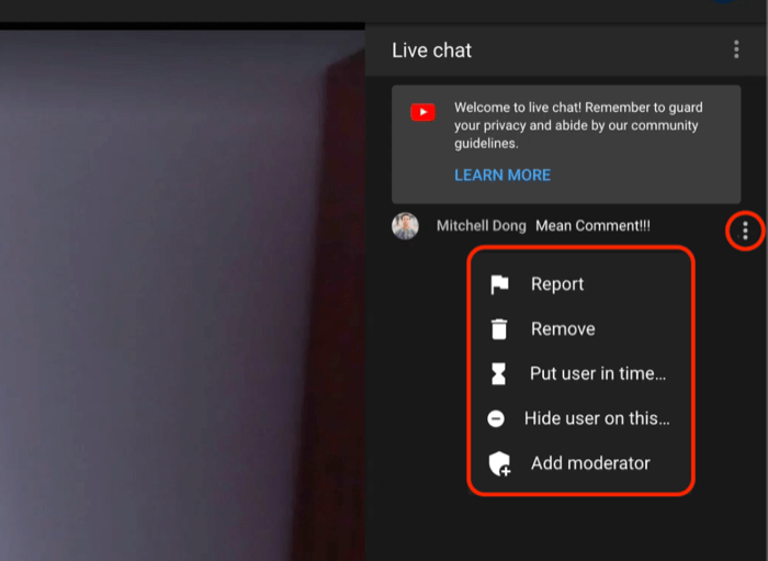 youtube live chat kommentar moderasjonsalternativer for å rapportere eller fjerne kommentaren, sette brukeren i timeout, skjule brukeren på kanalen eller legge til en moderator i chatten