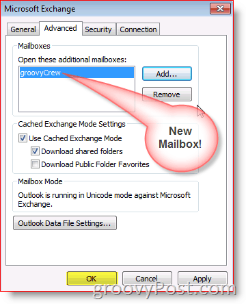 Skjermbilde av Outlook 2010 legg til avansert fane i postkassen