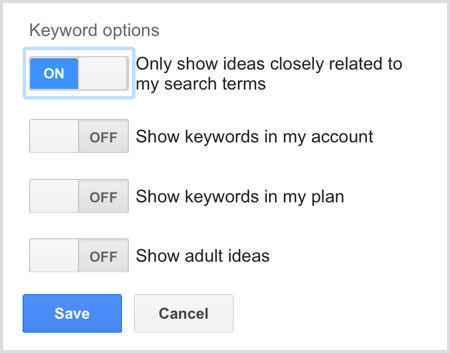 Google AdWords Keyword Keyword Planner søkeordalternativer