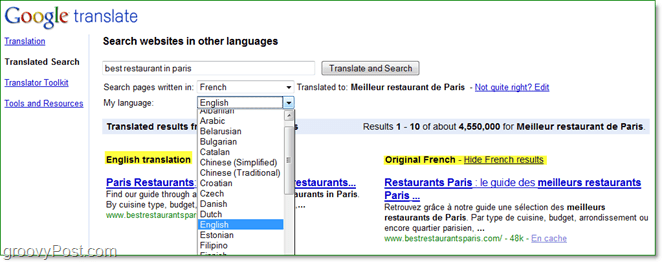 søk etter internetsider på forskjellige språk og les dem på egen hånd ved å oversette serach fra Google