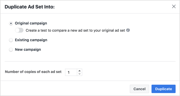 Dupliser annonsesettet i den opprinnelige annonsekampanjen, og opprett et duplikat for hver annonse.