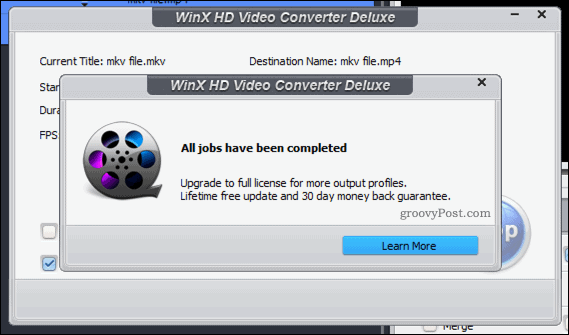 Bekreftelse på vellykket WinX-videokonvertering